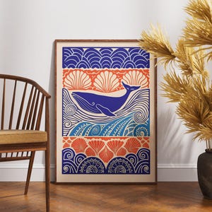 Vintage Wal Poster, Linolschnitt Koralle Symphonie Kunst, Retro Ozean-Wand-Dekor, Boho Marine Illustration, Nautische Wildtier-Druck, einzigartiges Geschenk