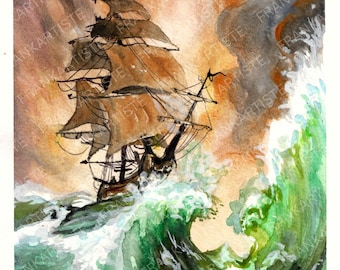 Stampa ad acquerello di una nave a vela dipinta a mano / Quadro nautico con tema mare in tempesta (download digitale)