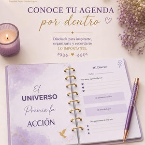 May include: An open spiral-bound planner with light purple pages. The left page features the text EL UNIVERSO Premia la ACCIÓN with a butterfly and bird graphic. The right page is titled Mi Diario with sections for date, gratitude, affirmations, goals, and tasks.