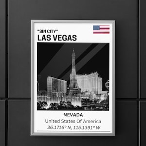 Las Vegas Skyline Print, Las Vegas Poster, Las Vegas Canvas, Sin City Black and White Wall Art, Nevada Framed Decor, Modern Travel Poster