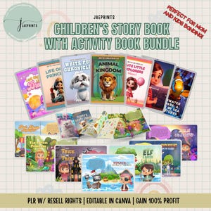 Puede incluir: Una colección de libros de cuentos y actividades para niños. Las portadas presentan ilustraciones coloridas de animales, princesas y piratas. El texto de los libros incluye títulos como "Animal Kingdom" y "Pirate in Treasure Island". La imagen también incluye el texto "Children's Story Book with Activity Book Bundle".