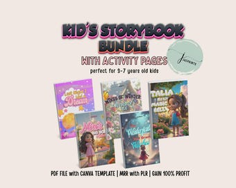Puede incluir: Un conjunto de libros de cuentos para niños con páginas de actividades. Las portadas presentan ilustraciones coloridas y títulos como "Last Night I Had a Dream" y "Wings of Wonder". El texto dice "Kid's Storybook Bundle".