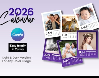 Calendar 2026 - Custom Photo Magnets Template 2026 - Fridge Magnet - Editable Canva Templates