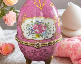 Vintage Pink Porcelain Egg With Hand-painted Floral Decoration and