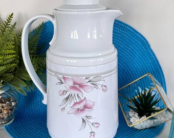 Vintage Floral Thermos Carafe White With Pink Magnolia Flowers