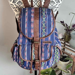 Vintage Cargo Ethnic Boho Backpack with Brown Faux Leather Trim, Blue Woven Tribal Pattern, Adjustable Straps, Handmade Style Bag