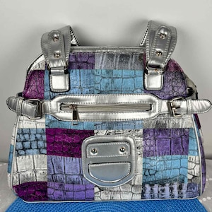 Vintage Jenny Patchwork Handbag Silver Straps Multicolor Croc Print Retro Shoulder Bag Large Tote Purse 2000s Y2K Style
