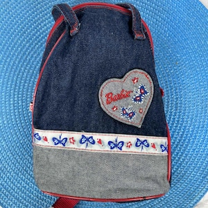 Vintage Barbie denim backpack with heart patch and butterfly print, 80s 90s retro kids mini bag, collectible Barbie accessory