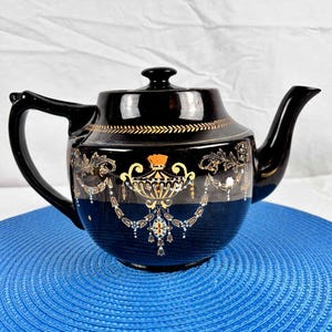 Vintage Black Ceramic Teapot with Gold Filigree Design, Elegant Glazed Pot with Lid, Mid-Century English Style Tea Server
