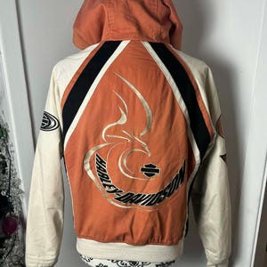 Vintage Harley-Davidson Y2K jacket with zip-up hood, motorcycle embroidery, eagle patches, racing style, size Small