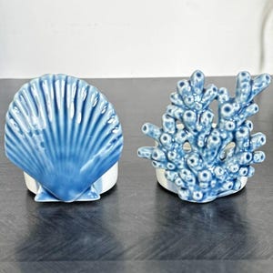 Vintage blue ceramic candle holders set decorative seashell and coral ocean-themed tealight holders coastal home decor