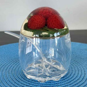 Vintage acrylic sugar bowl with spoon resin lid red raspberry fruit embedded retro kitchenware 70s 80s kitsch table decor collectible