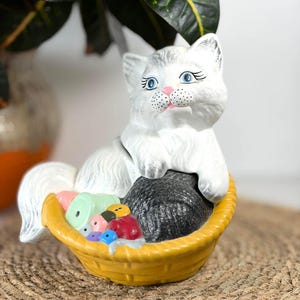 Jarre vintage en céramique chat blanc avec couvercle panier décoratif style rétro collection