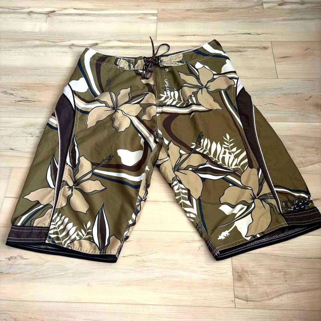 TXT Surf Floral Tropical Vintage Khaki Surf Shorts Y2K Hawaiian