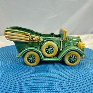 Vintage decorative pot, antique car, green ceramic, retro planter, Relpo Japan, mid-century