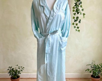 Vintage Serena satin dress size M light blue pink trim floral embroidery pocket belted long dressing gown 80s 90s loungewear nightwear