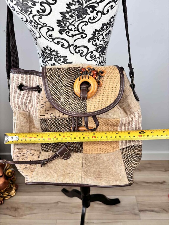 Boho patchwork backpack bag woven canvas cork woo… - image 7