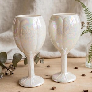 Set of 2 iridescent white ceramic goblets, tulip shape, vintage-style stemware, decorative display cups with minor base chip flaw