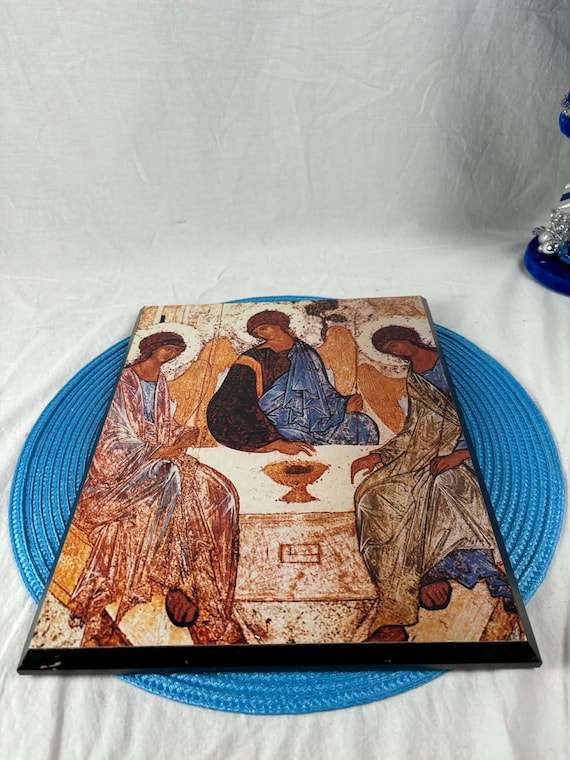 Vintage Religious Icon of Rublev's Three Angels on an Antique