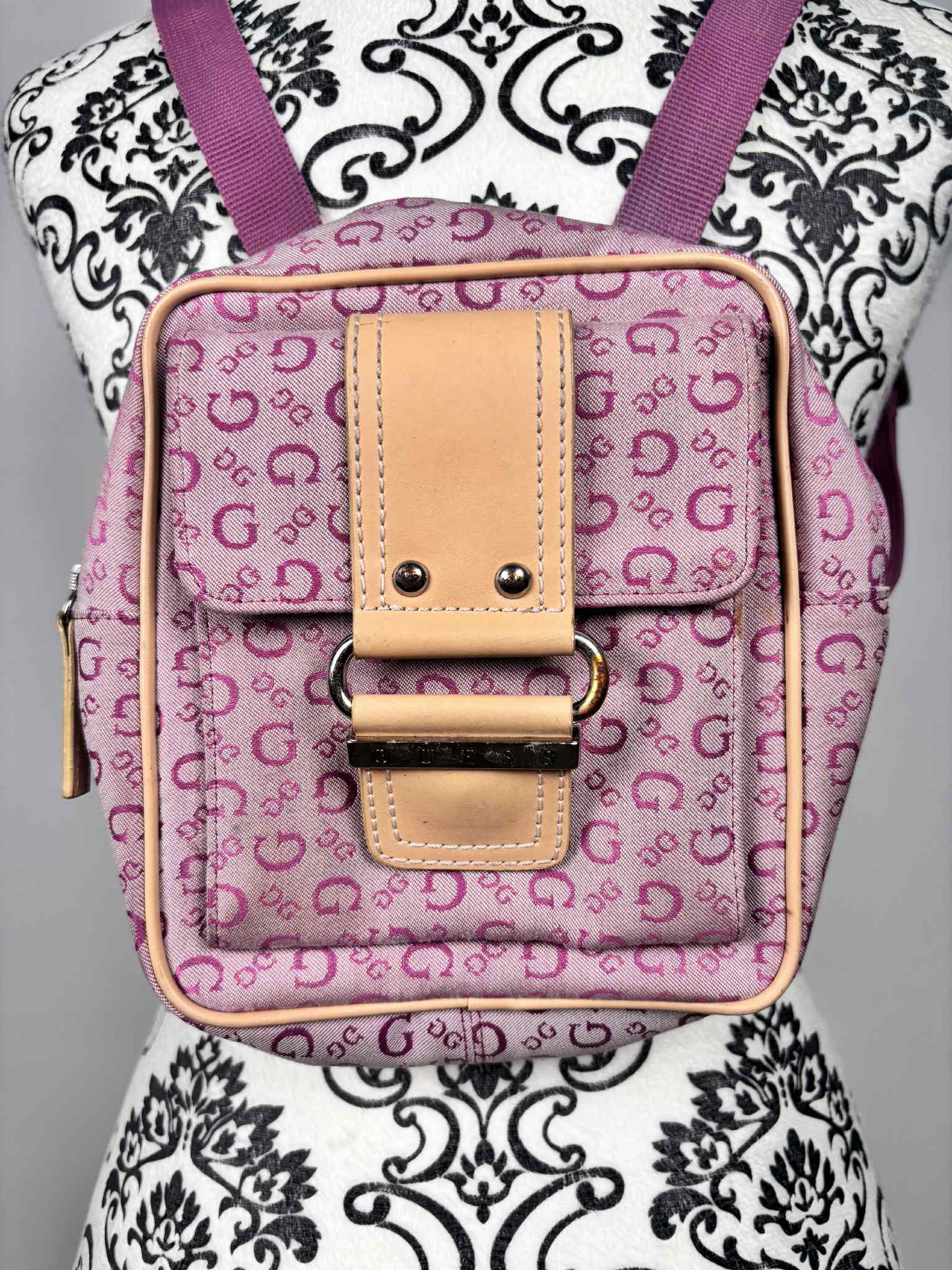 Vintage Y2K Guess Pink Mini Backpack With Logo Monogram 