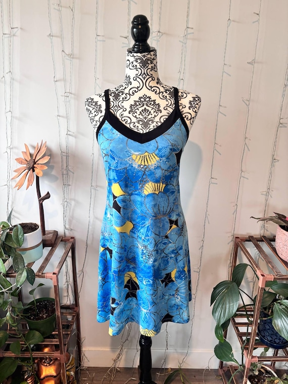 Vintage ATAK ready-to-wear floral dress size S  blue yellow black strappy  summer slip dress made in Canada 2000s Y2K style