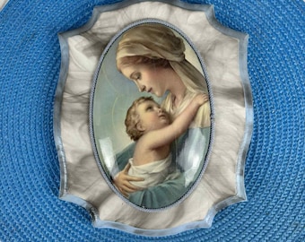Vintage Religious Frame of Mary and the Infant Jesus on a Wooden 