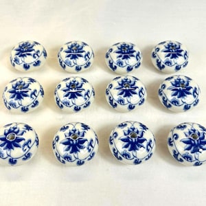 Vintage blue and white porcelain drawer knobs, set of 12, Asian floral style furniture handles with screws included, like new