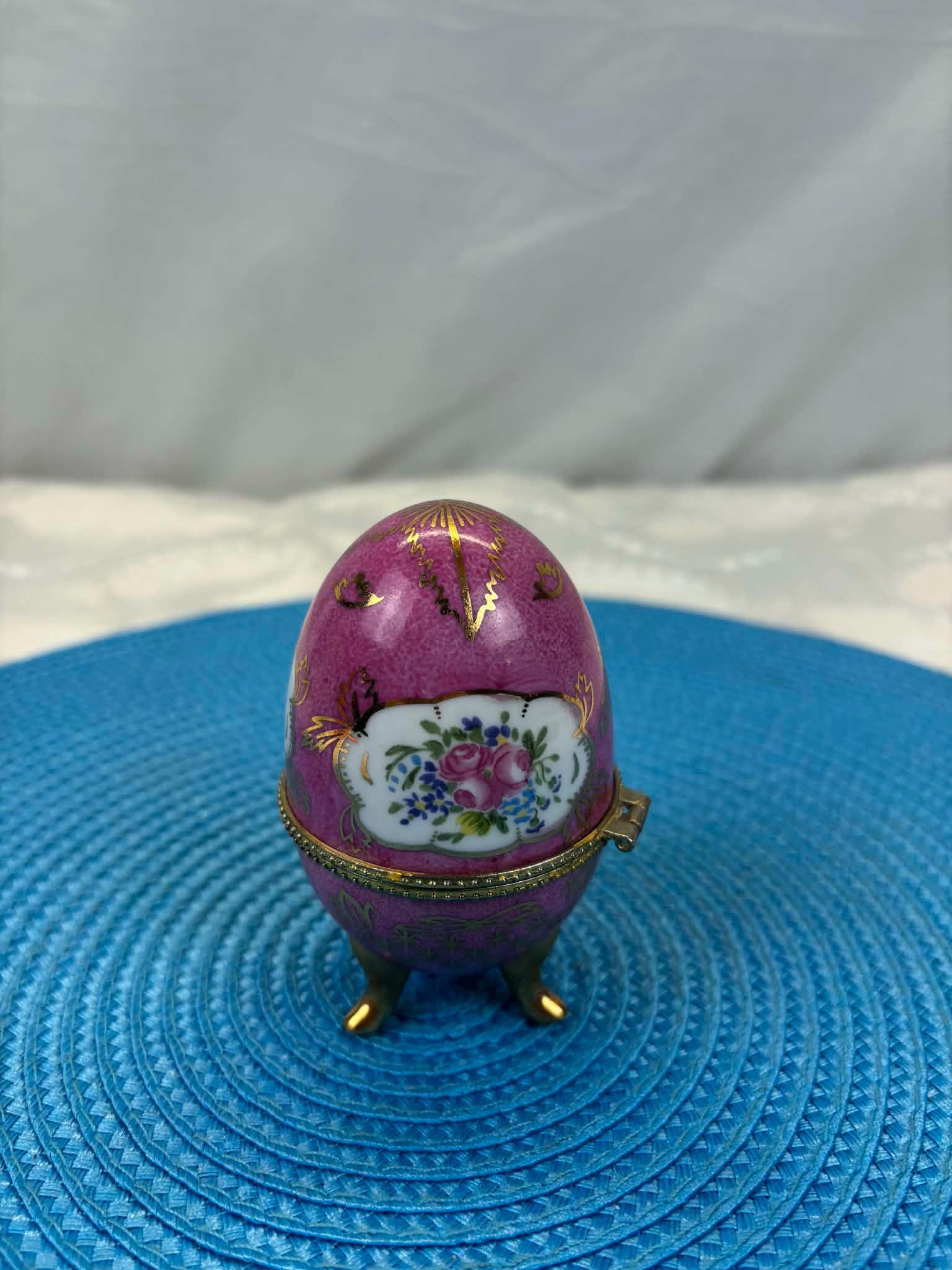 Vintage Pink Porcelain Egg With Hand-painted Floral Decoration and