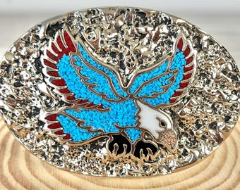 Hebilla de cinturón vintage S.S.I. hecha a mano en EE. UU. con águila esmaltada, metal texturizado estilo western, estilo vaquero retro.