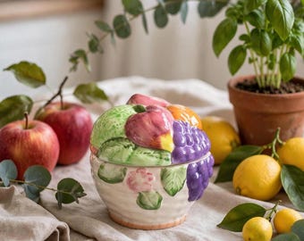 Cesta de fruta de cerámica vintage con tapa, pintada a mano, multicolor, decoración de cocina, motivo de manzana, uva, naranja y pera, plato para dulces o baratijas