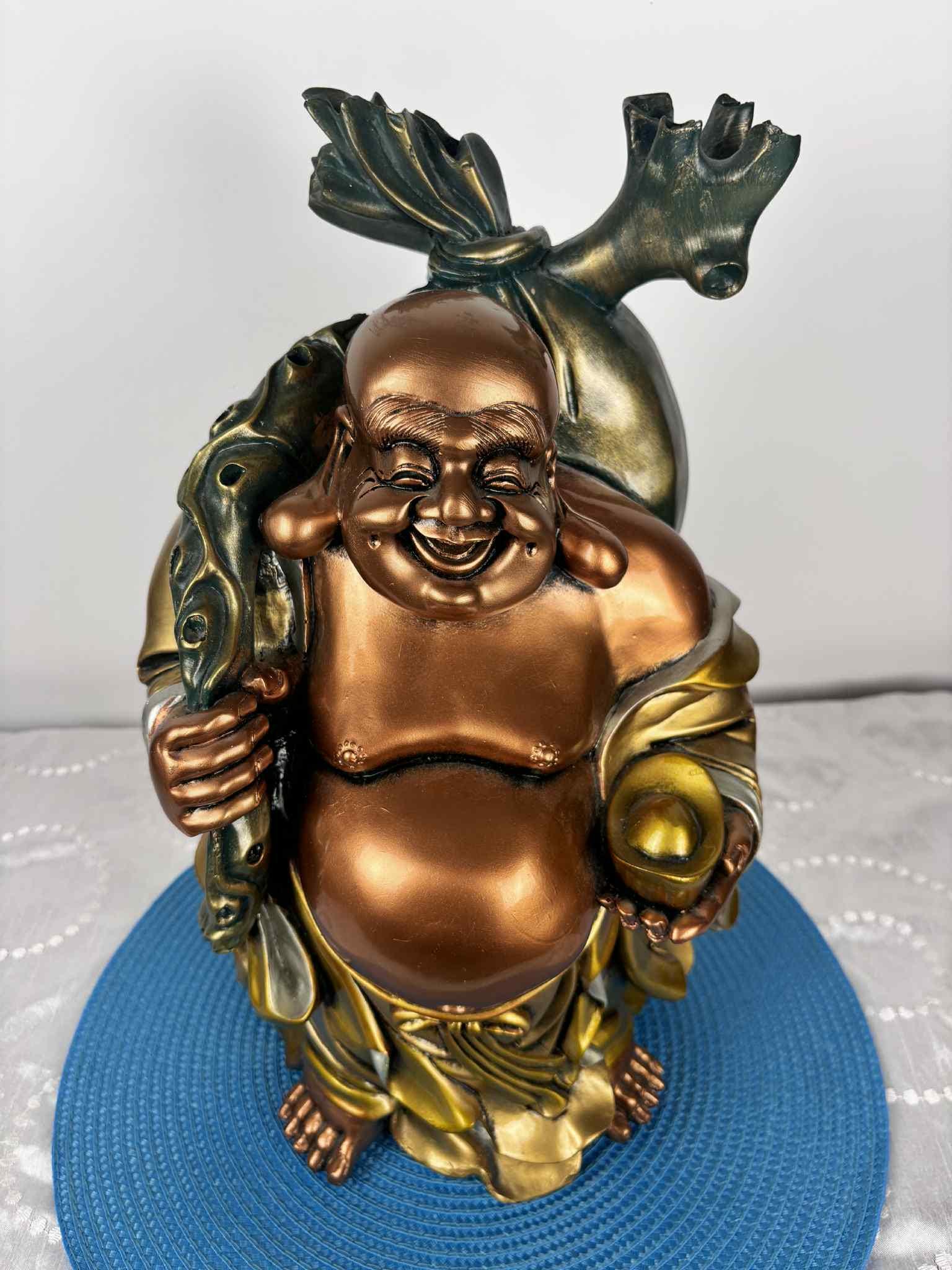 Vintage Laughing Buddha Statue With Sack of Fortune, Bronze Gold