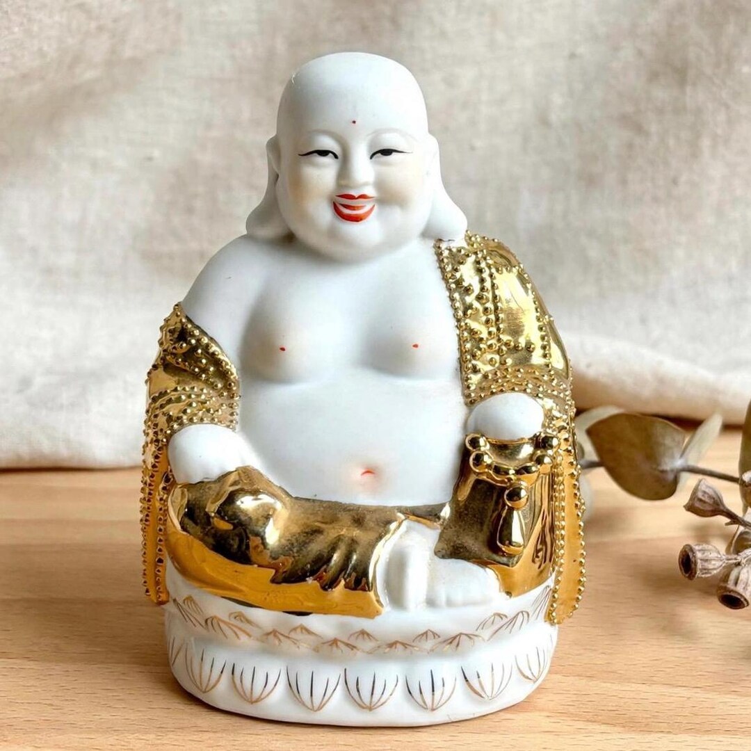Laughing Buddha Statue in White Porcelain With Gold Gilding, Feng