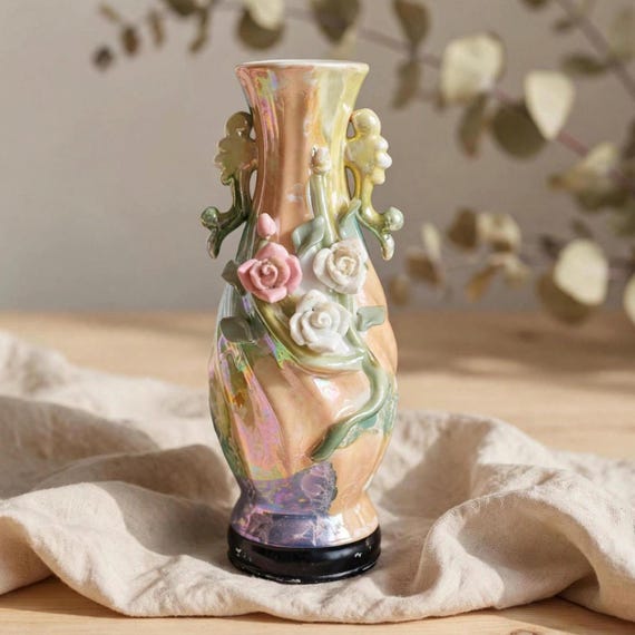 Vintage Ceramic Decorative Vase With Iridescent Glaze, Raised Floral Design and Baroque Handles in Pastel Hand-painted Colors