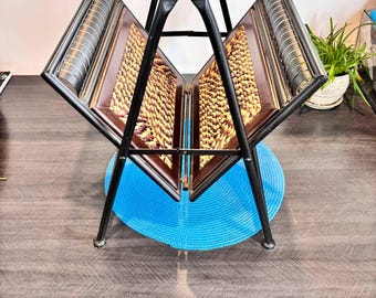 Vintage Wrought Iron Magazine Rack With Woven Panels – Black Metal