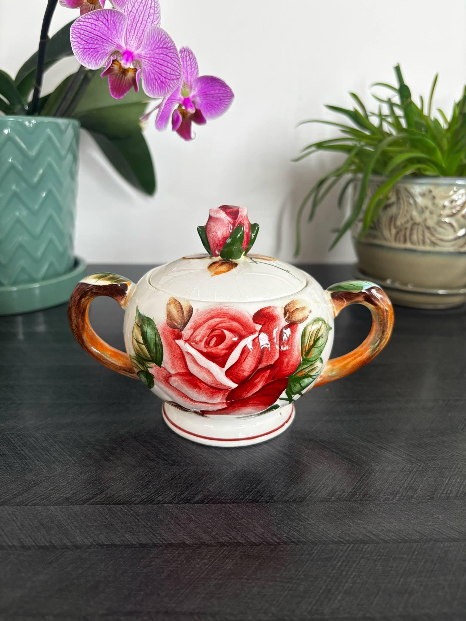Vintage ESD Japan Hand-painted Ceramic Rose Flower Decor Sugar