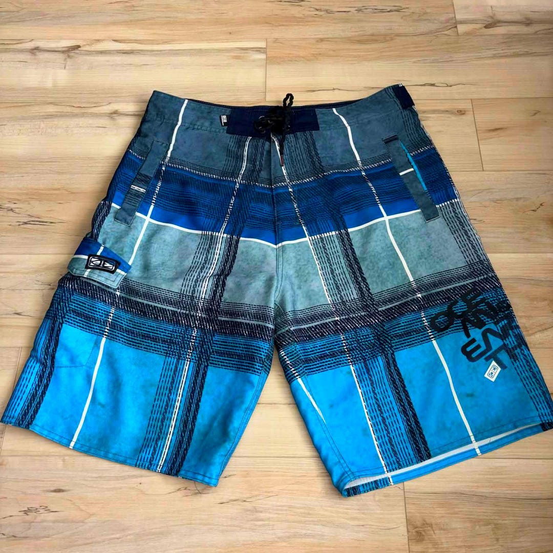 00s usa製 y2k b-boy surf 海外 チェック ショーツ Ocean & Earth Blue-grey Checkered Skate-style Surf Shorts, Y2K