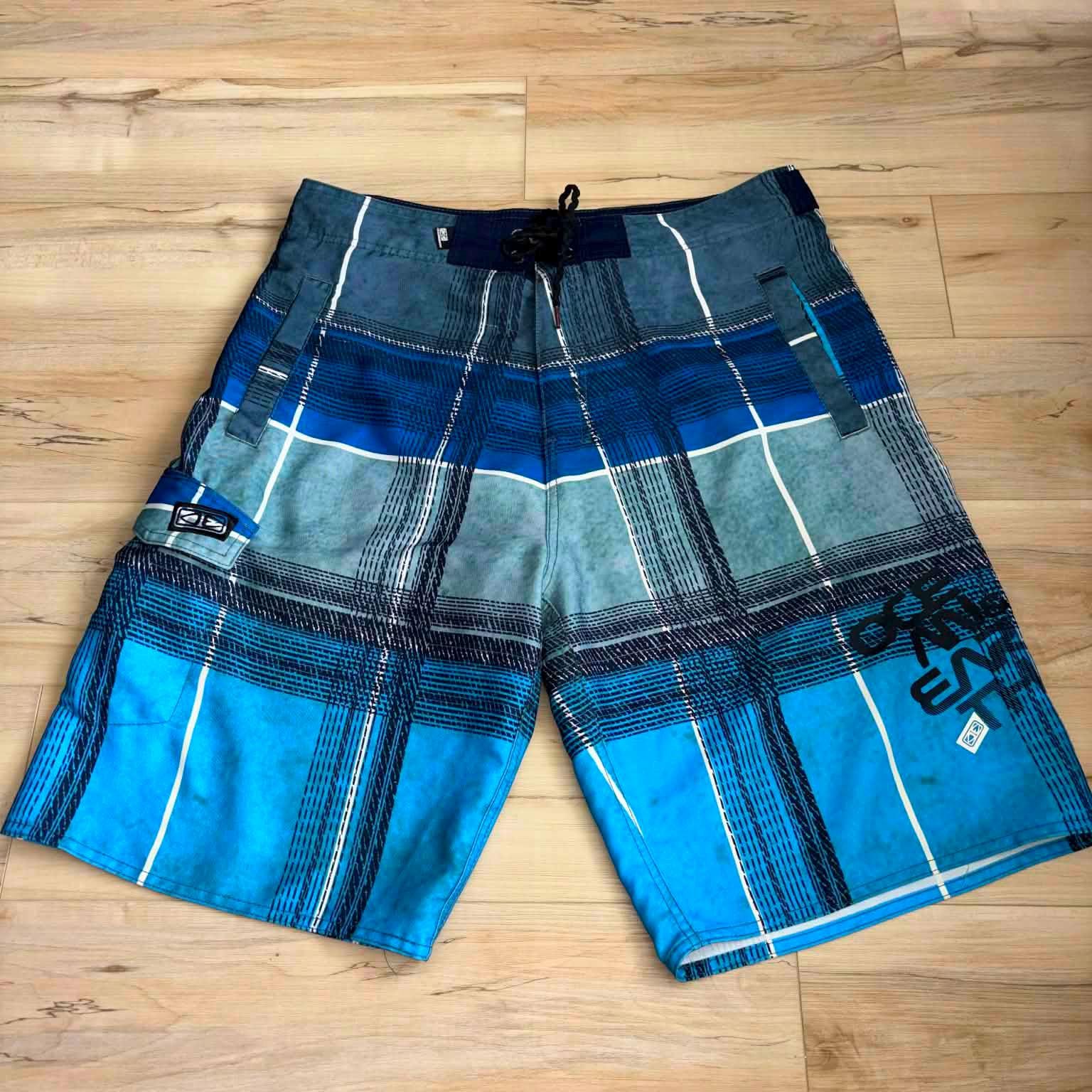 00s usa製 y2k b-boy surf 海外 チェック ショーツ Ocean & Earth Blue-grey Checkered Skate-style Surf Shorts, Y2K