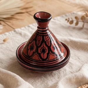 Vintage Moroccan style ceramic tagine dish red black hand painted small pottery lidded serving bowl decorative kitchenware 6 inch