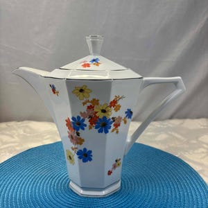 Vintage Czechoslovakia Victoria porcelain teapot with colorful flowers in Art Deco style, tea service collection, retro kitchen decor