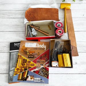 Complete vintage leathercraft kit with tools, leather, thread and 2 x Ideas for Leather Projects No. 2 booklets – Tandy 70s 80s set
