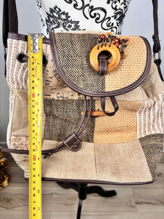Boho patchwork backpack bag woven canvas cork woo… - image 6