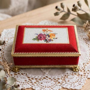 Vintage Jamin Floralita Holland candy box, red velvet, gold feet, retro decorative box for storing jewelry or souvenirs