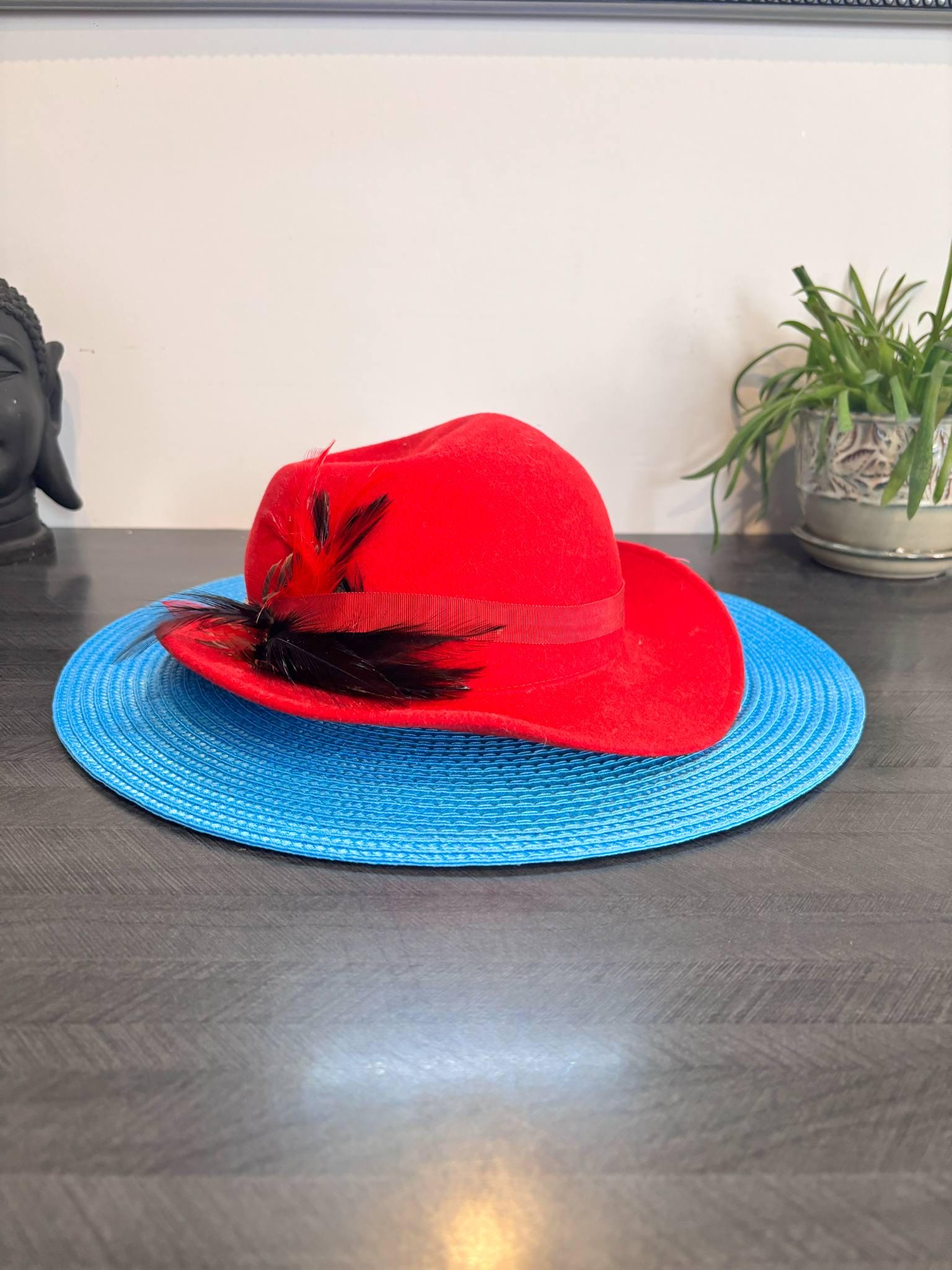 Needles Custom Rare Vintage Red Doeskin Felt Wool Feather Bow Net Hat Bollman Vintage Red Wool Felt Hat by Doeskin, Made in USA, With  main image 2