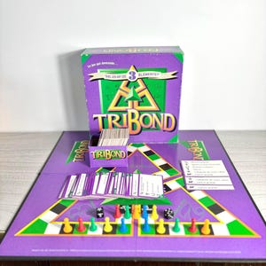 Peut inclure: Un jeu de société avec un plateau et une boîte violets. La boîte présente le titre du jeu "TRI BOND" et le texte "QUEL LIEN UNT CES 3 ELEMENTS?". Le jeu comprend des cartes, des dés et des pions colorés.