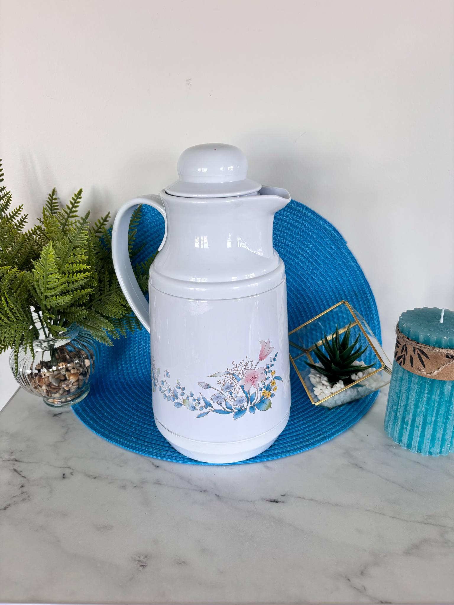 Vintage Phoenix Floral Thermos Carafe White With Pink and Blue