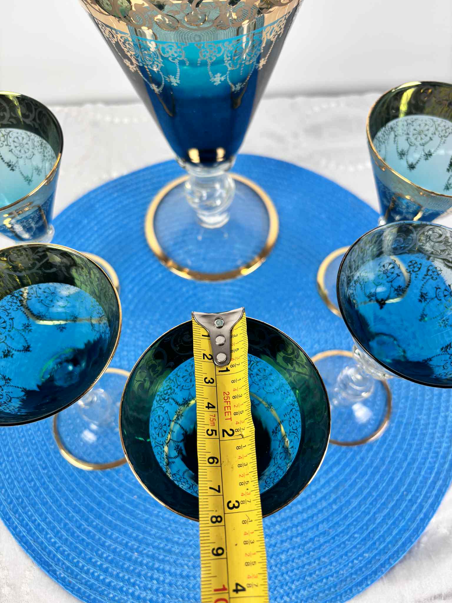 ヴィンテージ ボヘミアン ブルー ガラス デキャンタ セット（ゴールド