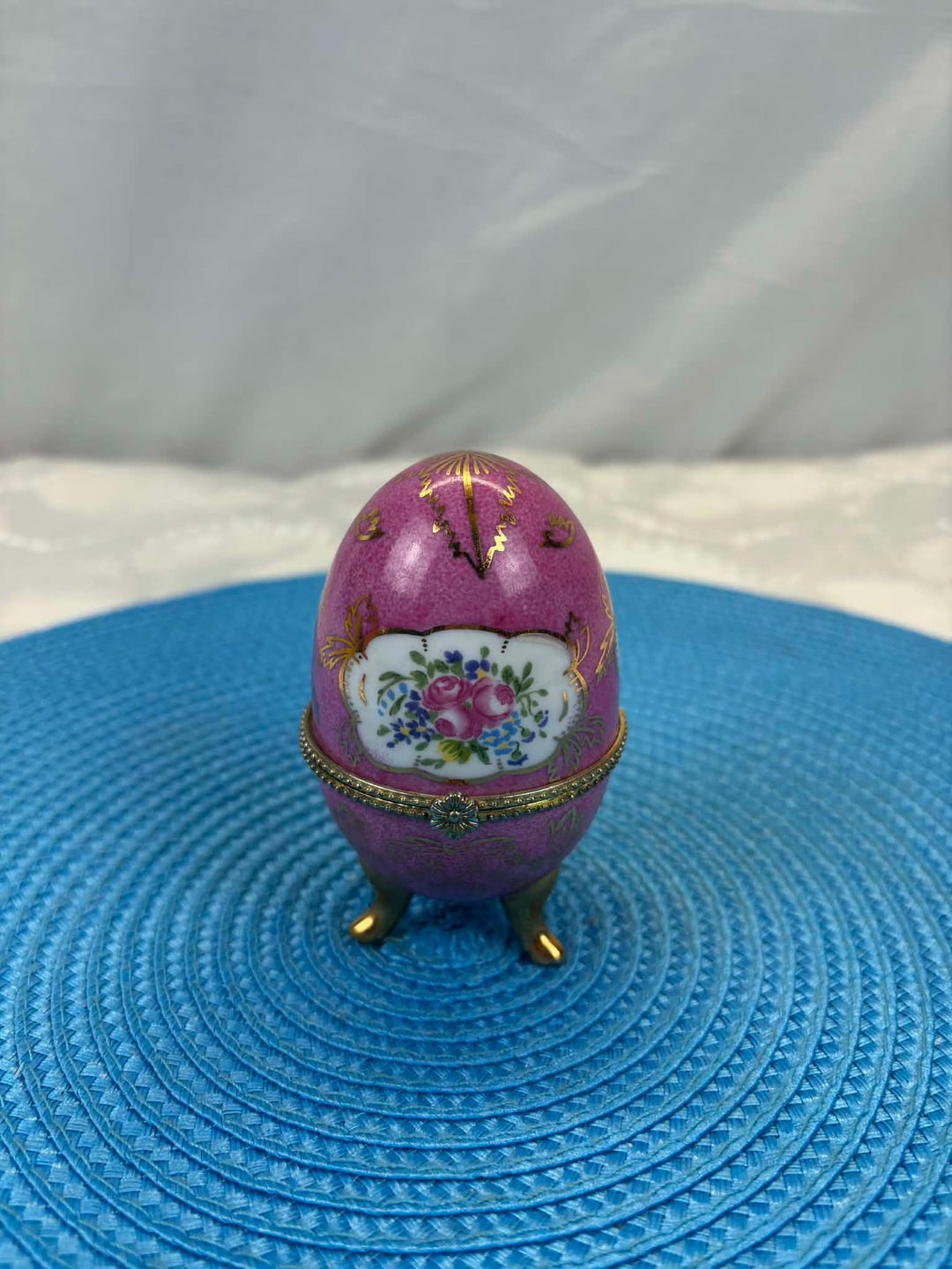 Vintage Pink Porcelain Egg With Hand-painted Floral Decoration and