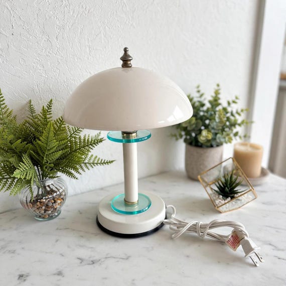 Vintage Art Deco White Mushroom Table Lamp with Glass Accents and Dome Shade – Retro Electric Light, Works Perfectly, Great Shape