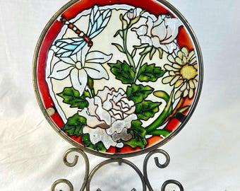 Vintage Stained Glass Candle Holder Plate with Flowers & Dragonfly – Floral Glass Art for Tealight or Small Candle