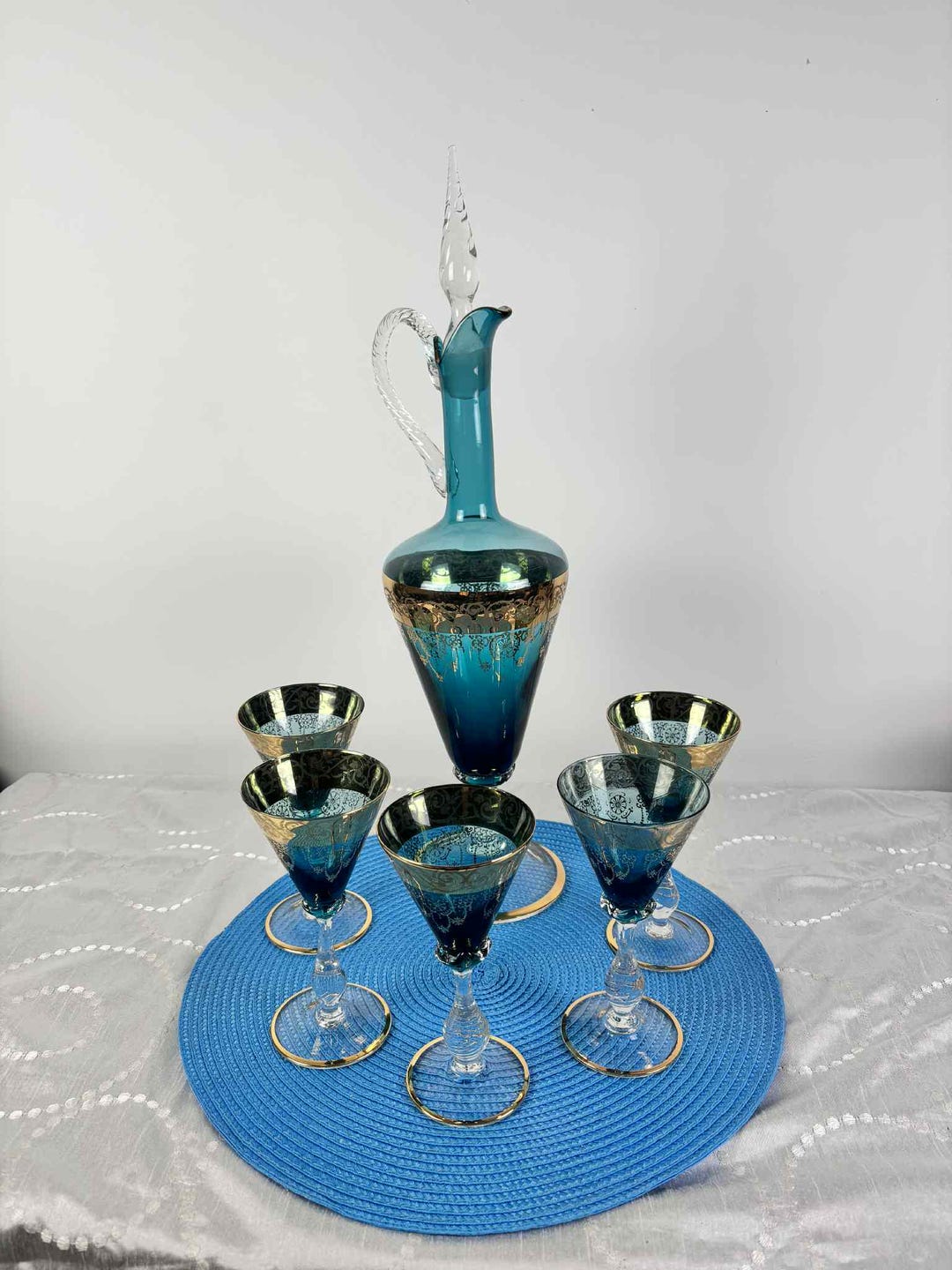 ヴィンテージ ボヘミアン ブルー ガラス デキャンタ セット（ゴールド